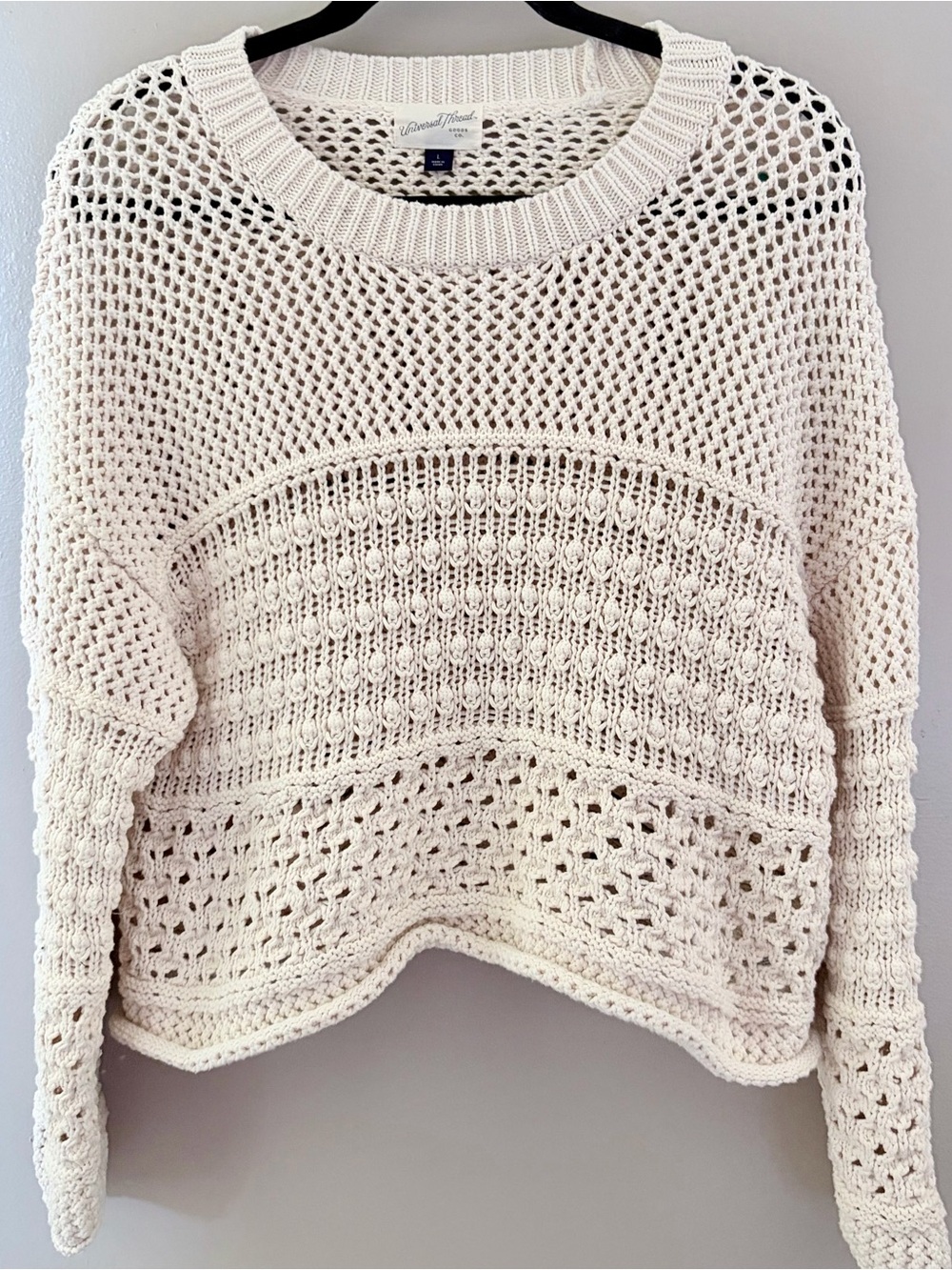Cream Open Knit Crochet Boho Coastal Sweater Size Large